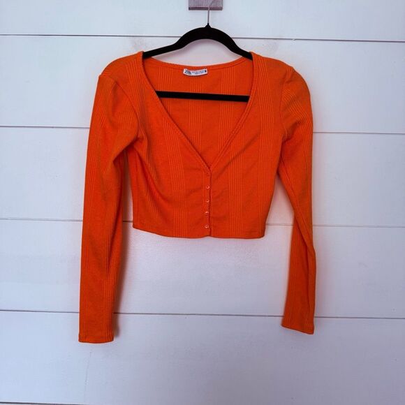 Zara Women’s Small Orange Ribbed Cropped Sweater Cardigan - Picture 1 of 4